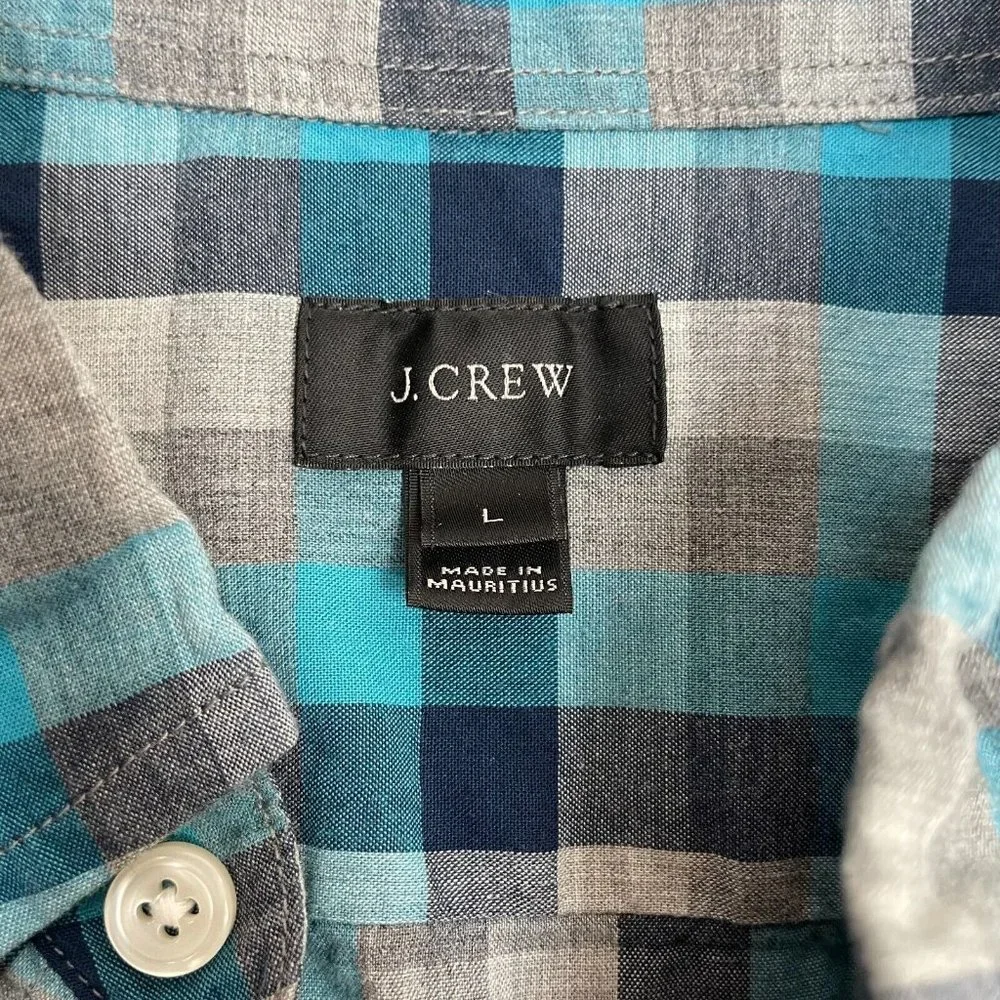 J. Crew Shirt Large Blue Gray Plaid Cotton Button-Front Long Sleeve Casual Men's